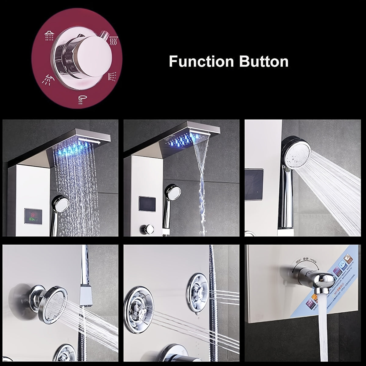 6-Function Modern Shower Panel Tower System with Rainfall Waterfall Shower Head, Handheld Shower & Massage Jets - Brushed Nickel Wall-Mounted Bathtub Faucet Suitable for Bath/Shower, Full Body System with Clarity Basin and Spout