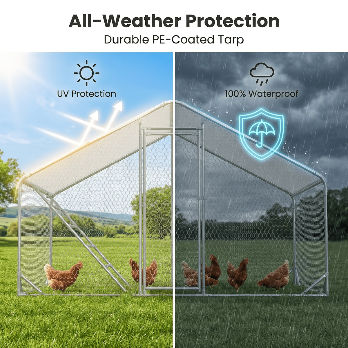 Heavy Duty Reinforced Chicken Coop Walk In Chicken Run with Waterproof Cover Large Metal Poultry Cage Outdoor Chicken Pen with Free Chicken Roosting Ladder