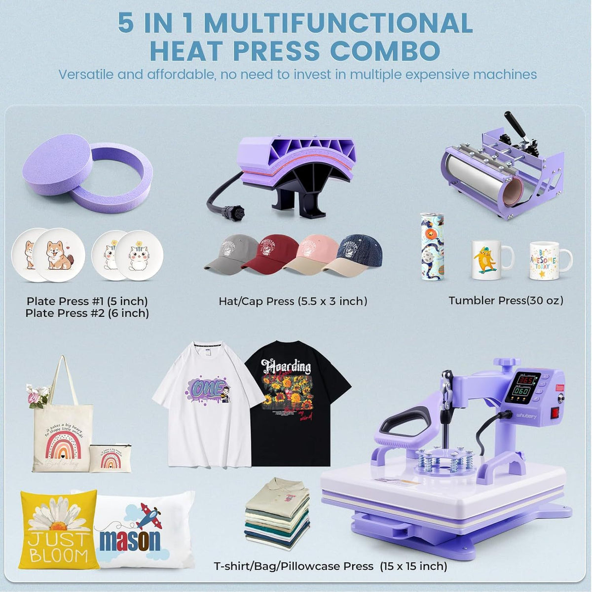 HOMDOX 15"x15" 8-in-1/5-in-1 Heat Press with 30OZ Tumbler Press for T-Shirt/Tumbler/Mug/Hat/Cap/Plate - Slide Out 360° Swing Away Digital Shirt Press Machine, Industrial-Quality Heat Transfer Sublimation
