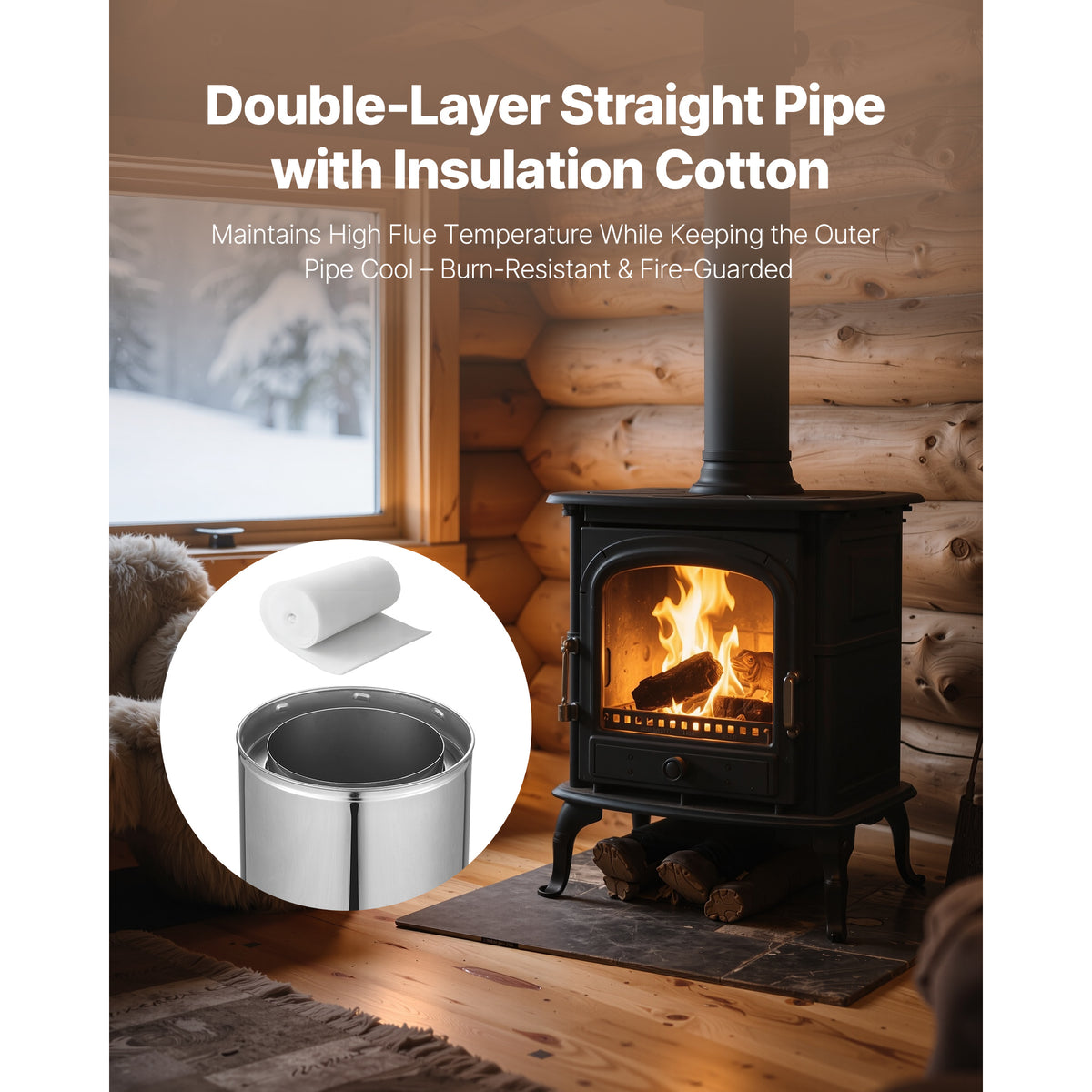 VEVOR 6 x 36/48 Inch Double Wall Insulated Chimney Pipe Stainless Steel Stove Pipe