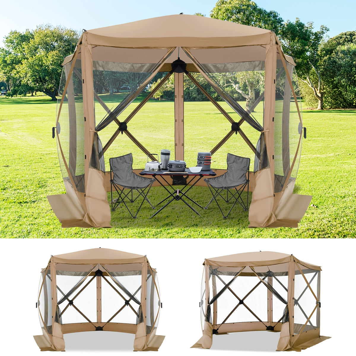 10X10Ft Pop-Up Canopy Tent with Mosquito Net, Garden Gazebo, Privacy Screen/Shade Curtain, Camping Tent, Instant Center Tent Canopy, Comes with Carrying Bag And Ground Stakes, Outdoor Garden Furniture, Suitable for Camping, Gardens, Lawns, And Patios