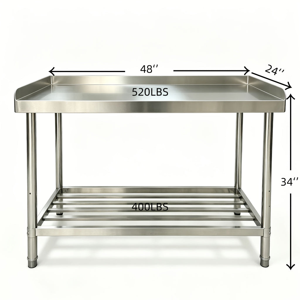 Stainless Steel Table with Backsplash, 48 X 24 Inches Metal Prep And Work Table with Adjustable Undershelf, for Outdoor, Restaurants, Hotels, Workshops, Kitchens, Garages And Gardens