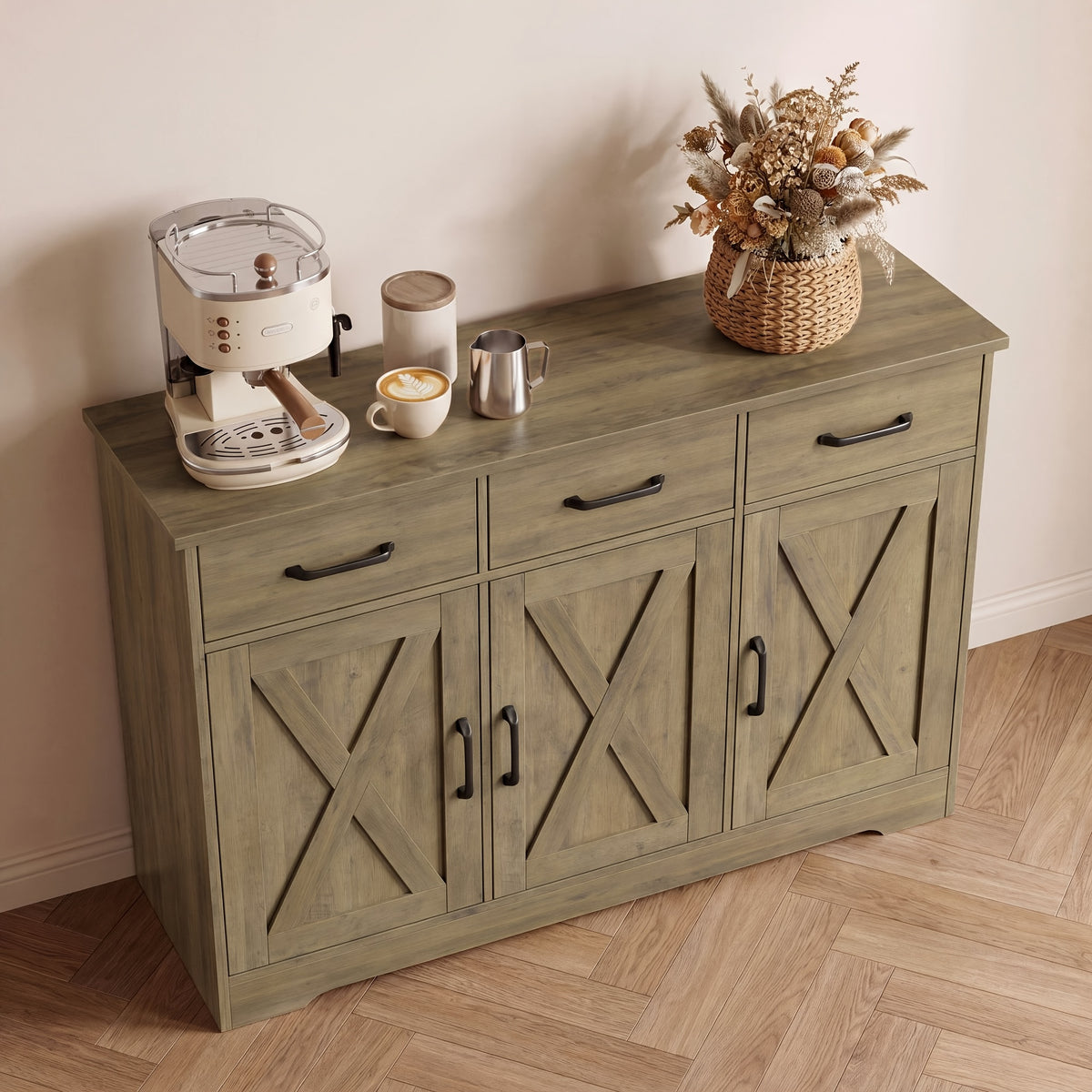 FULTRU Modern Farmhouse Cabinet with Barn Door & Sliding Panel Doors Suitable for Kitchen, Dining Room Storage, Freestanding Buffet Furniture with Drawers and Open Shelves, Assembly Required, Multifunctional Sideboard
