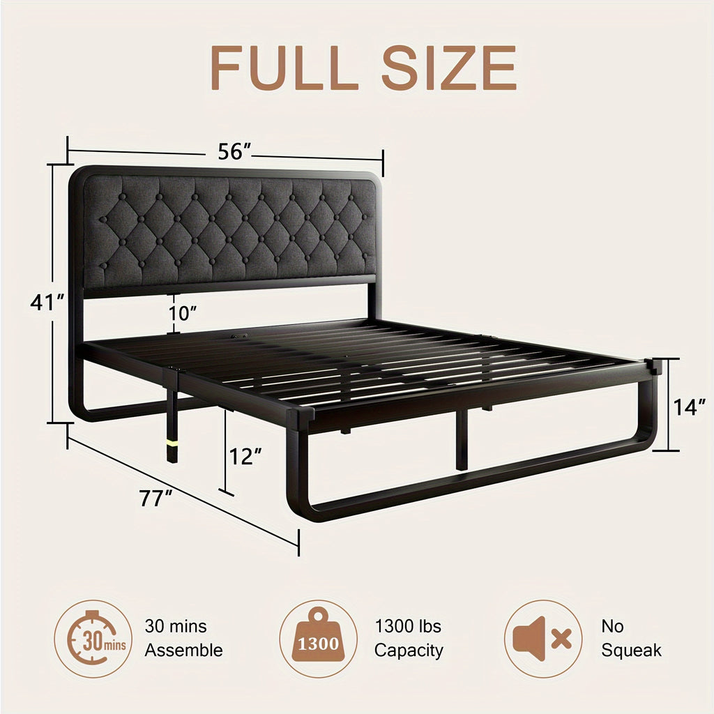 Sturdy Platform Bed Frame Featuring a Button-Tufted Headboard in Black Faux Leather Or Dark Grey Linen, Offering 12 Inches of Storage Space
