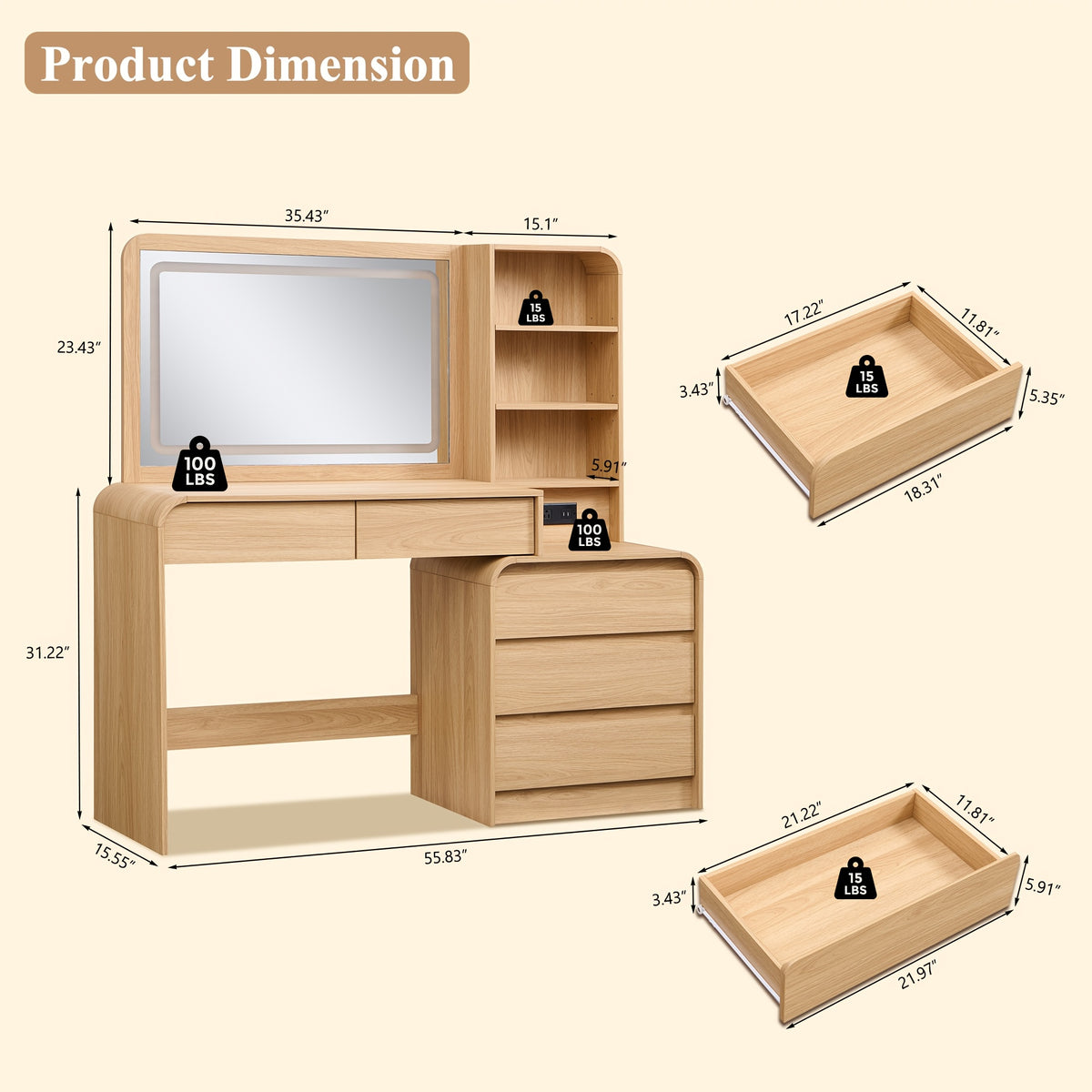 Makeup Vanity Desk with 5 Drawers, Vanity Table with Touch Screen LED Mirror & Charging Station for Bedroom, Adjustable Shelf, Curved Profile Design