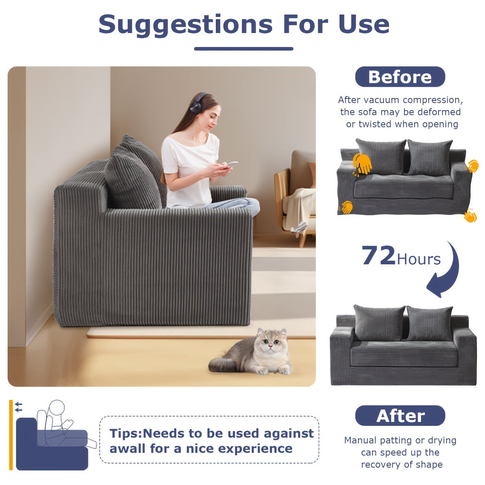 Convertible Sofa Bed, 3in 1 Loveseat Folding Couch Bed Foldable - Boneless Couch & Floor Futon Sleeper, Corduroy Pull Out Sofa Bed with 4 Pillows for Living Room