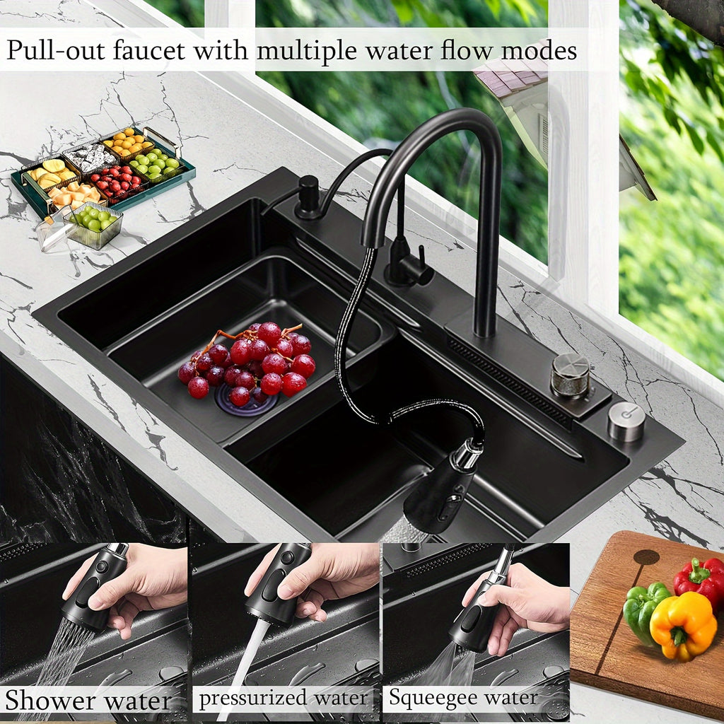 Stainless Steel Kitchen Sink with Waterfall Feature - Single Basin, Built-In/Under Countertop Design, Includes Faucet & Additions Kitchen Faucets for Sinks Kitchen Sink Faucet