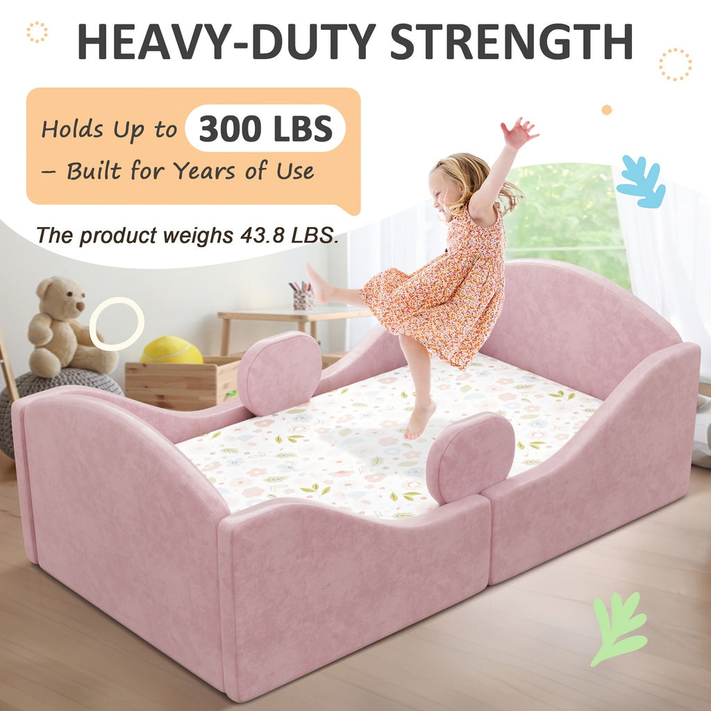 Bed Designed for Toddlers, Featuring Removable Safety Rails And a Soft Upholstered End in Pink, Blue, Or Gray. Note: Mattress Is Not Included