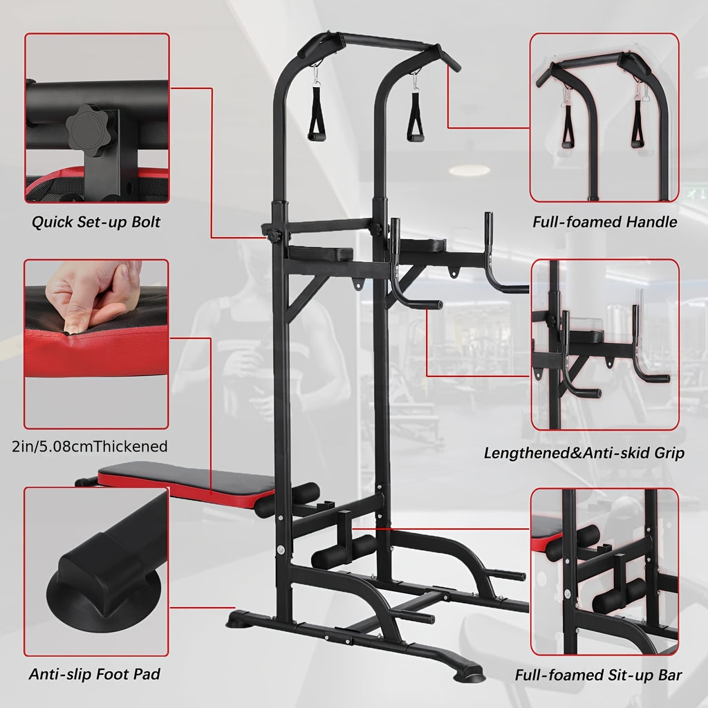 Power Tower With Bench Height Adjustable Pull Up Bar Stand Dip Station With Folding Weight Bench And 4 Ropes, 400lbs, For Home And Gym