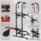 Power Tower With Bench Height Adjustable Pull Up Bar Stand Dip Station With Folding Weight Bench And 4 Ropes, 400lbs, For Home And Gym