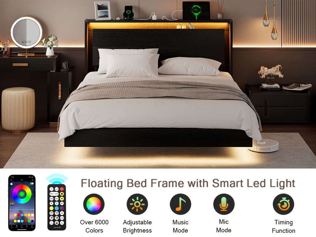 Floating Bed Frame with LED Lights & Charging Station, Heavy Duty Metal Support Frame, Easy Assembly, Bed Frame Without Mattres