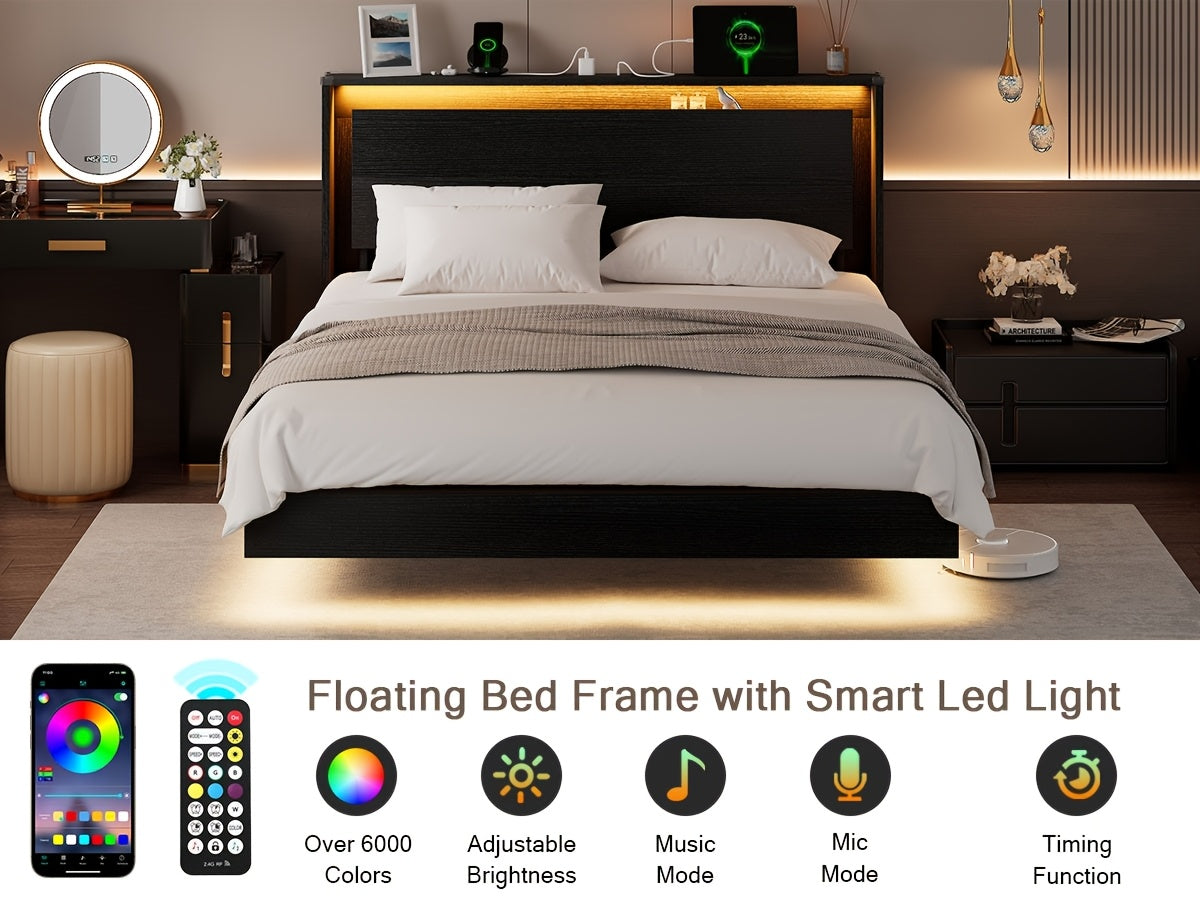 Floating Bed Frame with LED Lights & Charging Station, Heavy Duty Metal Support Frame, Easy Assembly, Bed Frame Without Mattres