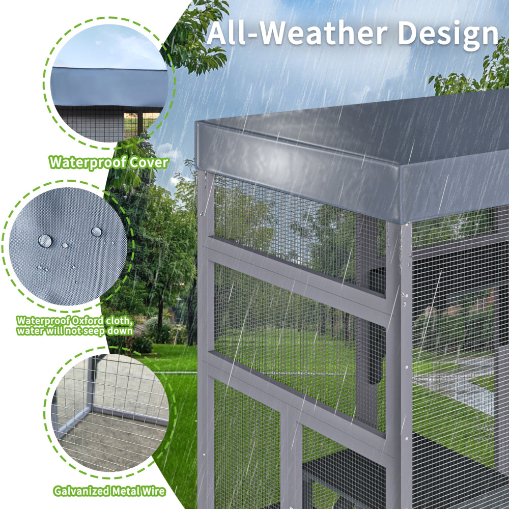 [Outdoor Catio Enclosure] 62.6 Inch Large Wooden Outdoor Catio Enclosure for Cats | Secure Pet Cage with Roof & Rust-Proof Wire Mesh | Includes 2 Napping Houses & Multi-Level Platforms for Backyard & Patio