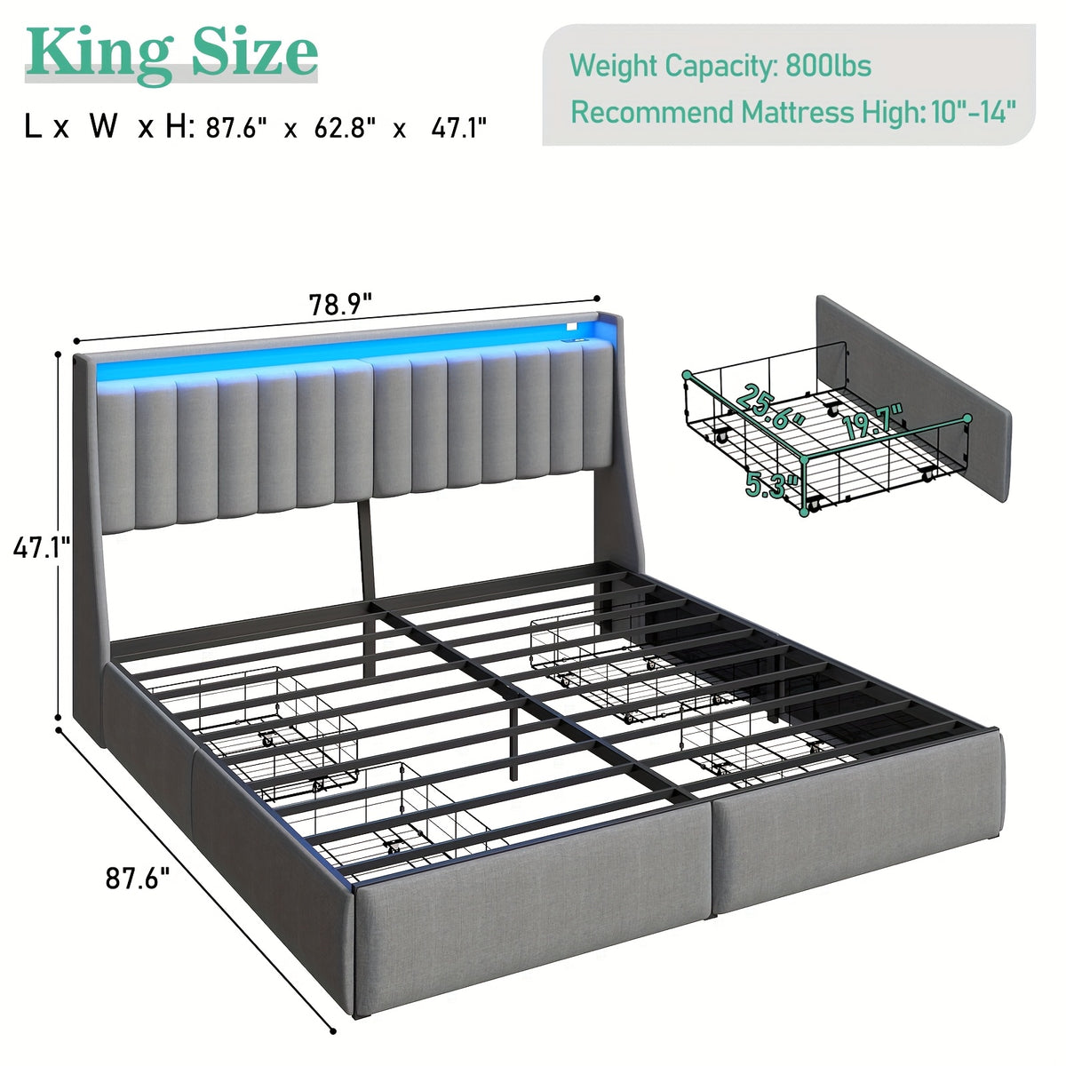 Full Queen King Bed Frame with 2 Storage Drawers And Luxury Wingback Upholstered Button Tufted Storage Headboard, Charging Station, Storage Headboard & LED Lights, Noise-Free-Dark Gray