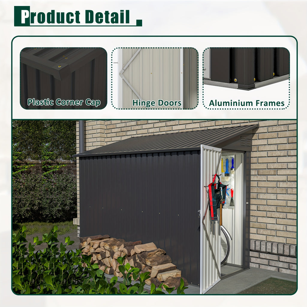 4' X 8' Metal Outdoor Storage Shed, Lean to Storage Shed, Garden Tool Storage House with Lockable Door And 2 Air Vents for Backyard, Patio, Lawn, Black