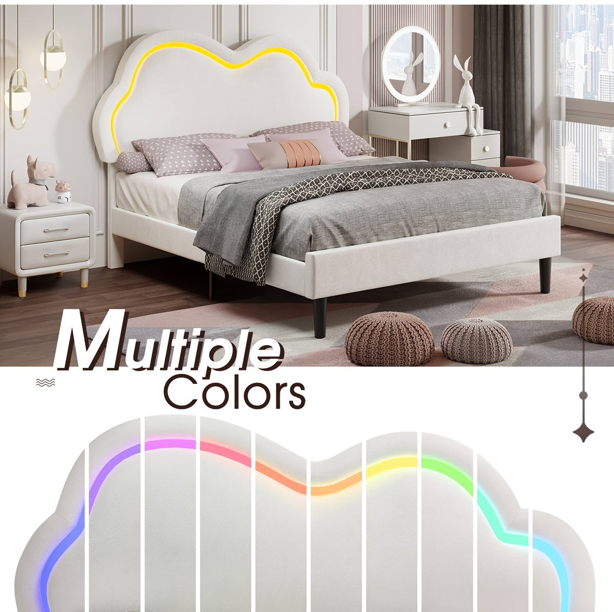 LUXOAK LED Velvet Platform Bed Featuring an Adjustable Cloud Headboard - No Box Spring Needed, Easy Assembly