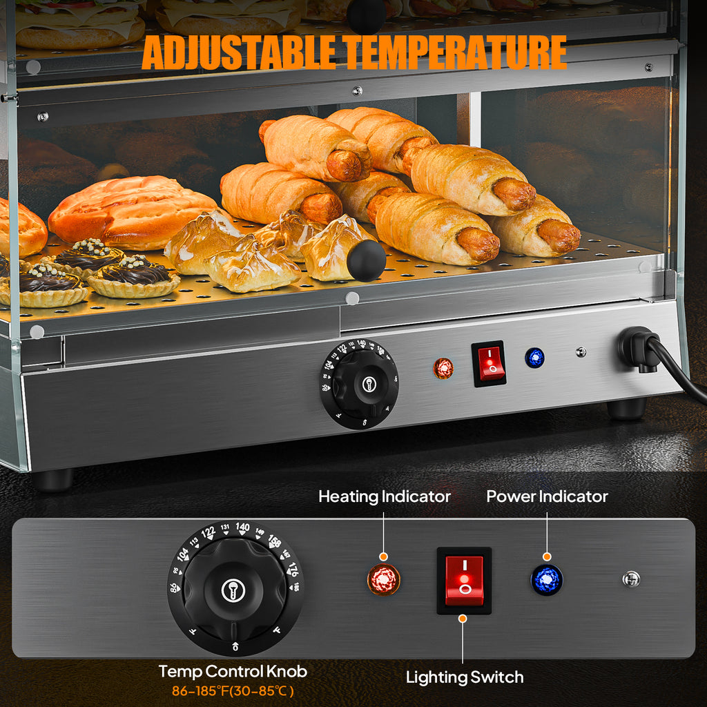 2-Tier Food Warmer Pizza Warmer Countertop, Food Warmer Display Pretzel Warmer with LED Lighting Front and Rear Doors, Electric Catering Hot Box Acrylic for Buffet Restaurant Cafe
