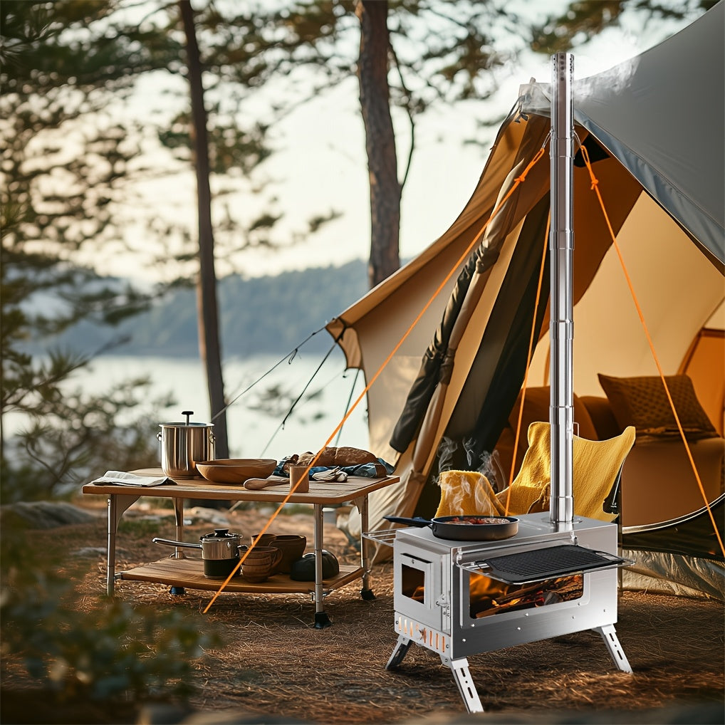 Portable Heavy-Duty Stainless Wood Burning Camp Stove - Outdoor Tent & Backyard Fire Pit with 7 Chimney Pipes, Ash Tool, Carry Bag & Ground Stakes - Adjustable Height, Fire-Resistant Window, Coal/Charcoal Compatible for Winter
