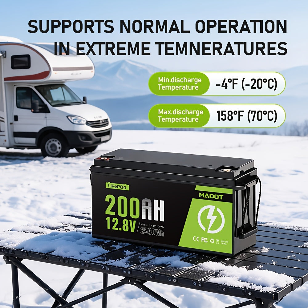 12V 200Ah LiFePO4 Battery, MADOT Built-in 200A BMS, 15000 Deep Cycles, 2560Wh, 10 Years Lifetime, Low Temp Protection Lithium Iron Phosphate Battery for Home Energy, RV, Trolling Motor, Marine, Off-Grid, Solar