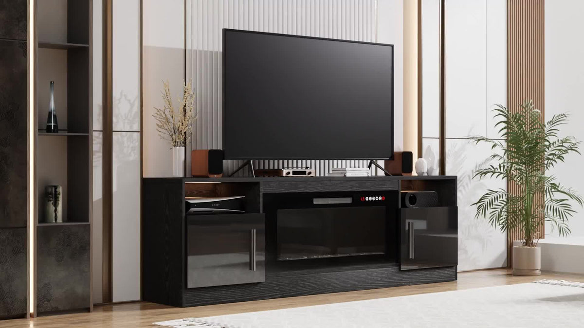 70“ Fireplace TV Stand with 36" Electric Fireplace Up to 80" TVs, Led Entertainment Center with High Glossy Doors, Modern Wood Media TV Console for Living Room