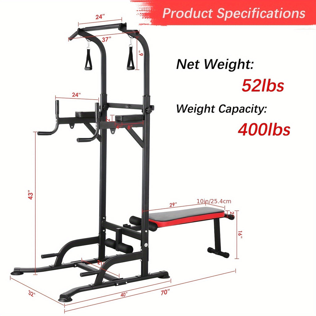 Power Tower With Bench Height Adjustable Pull Up Bar Stand Dip Station With Folding Weight Bench And 4 Ropes, 400lbs, For Home And Gym