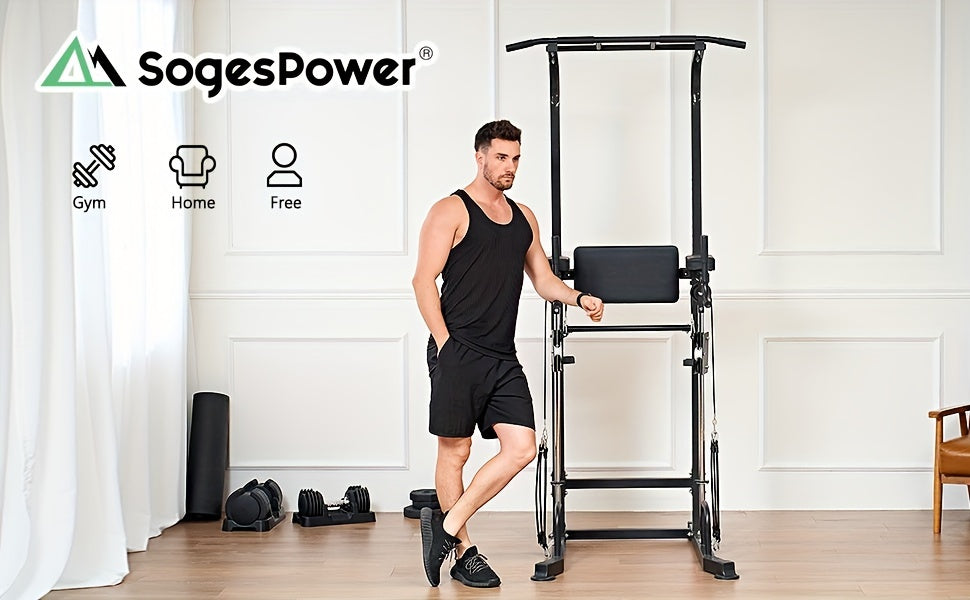 Sogespower Power Tower Dip Station Pull Up Bar for Home Gym Multi-Function Adjustable Height Strength Training Workout Equipment