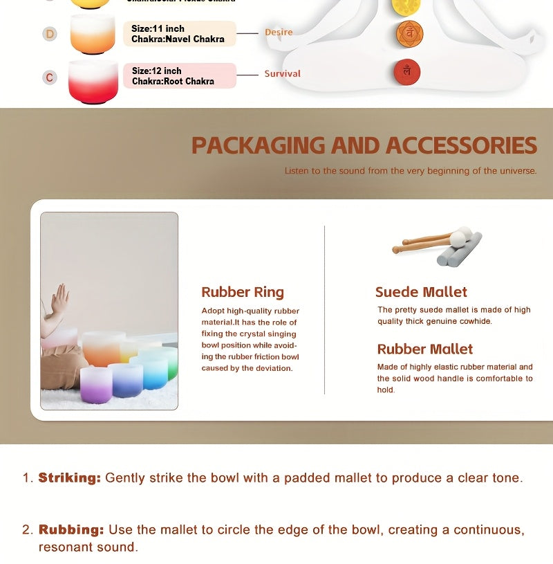 432Hz 7pcs Set Of 6-12 Inch Aria Gradient Design Frosted Quartz Crystal Singing Bowls with Free 2pcs Travel Carry Case Bag.