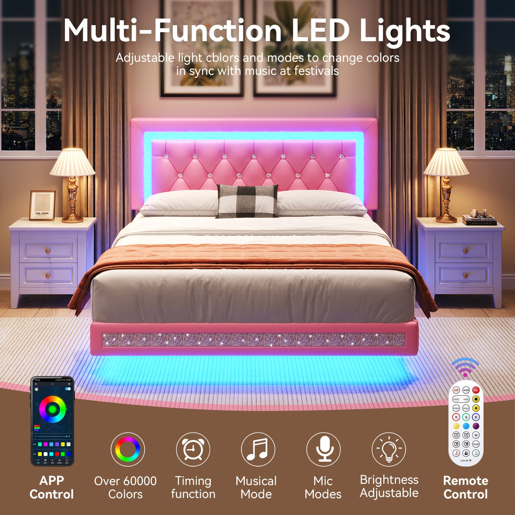 MRAEER Diamond Quilted Velvet Silent Full/Queen Bed Frame | LED Lights, Diamond Quilted Footboard, Adjustable Headboard, No Mattress Required, Easy Assembly, Available in Pink/White/Black, Powered, Contemporary Style, Christmas Gift