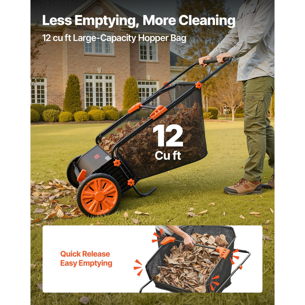 VEVOR Push Lawn Sweeper, 30 in Leaf & Grass Collector with 12 cu. ft. Hopper Bag, Adjustable Brush Height & Spinning Brushes, Heavy Duty Yard Sweeper with Rubber Wheels for Leaves Grass Cleanup