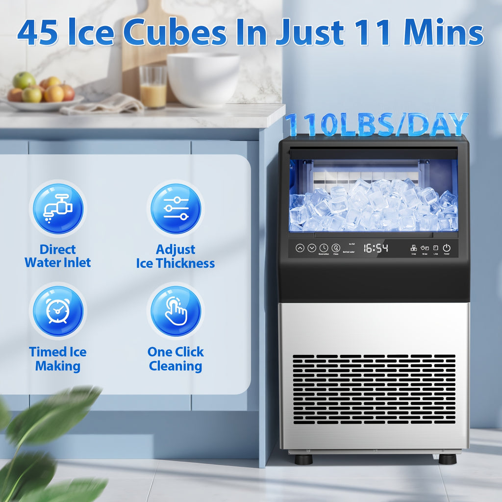 Commercial Ice Maker 110Lbs/24H Under Counter Ice Machine with 16Lbs Storage Bin, 45 Ice Cubes in 11Min, Stainless Steel Freestanding Ice Making Machine for Business