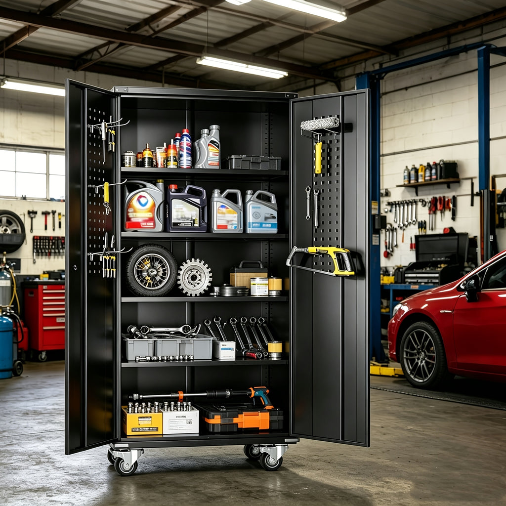 Metal Storage Cabinet with Wheels, Pegboards, Locking Doors And 4 Adjustable Shelves, 71"H/72"H/73"H Tool Cabinet for Garage, Home, Basement, Kitchen