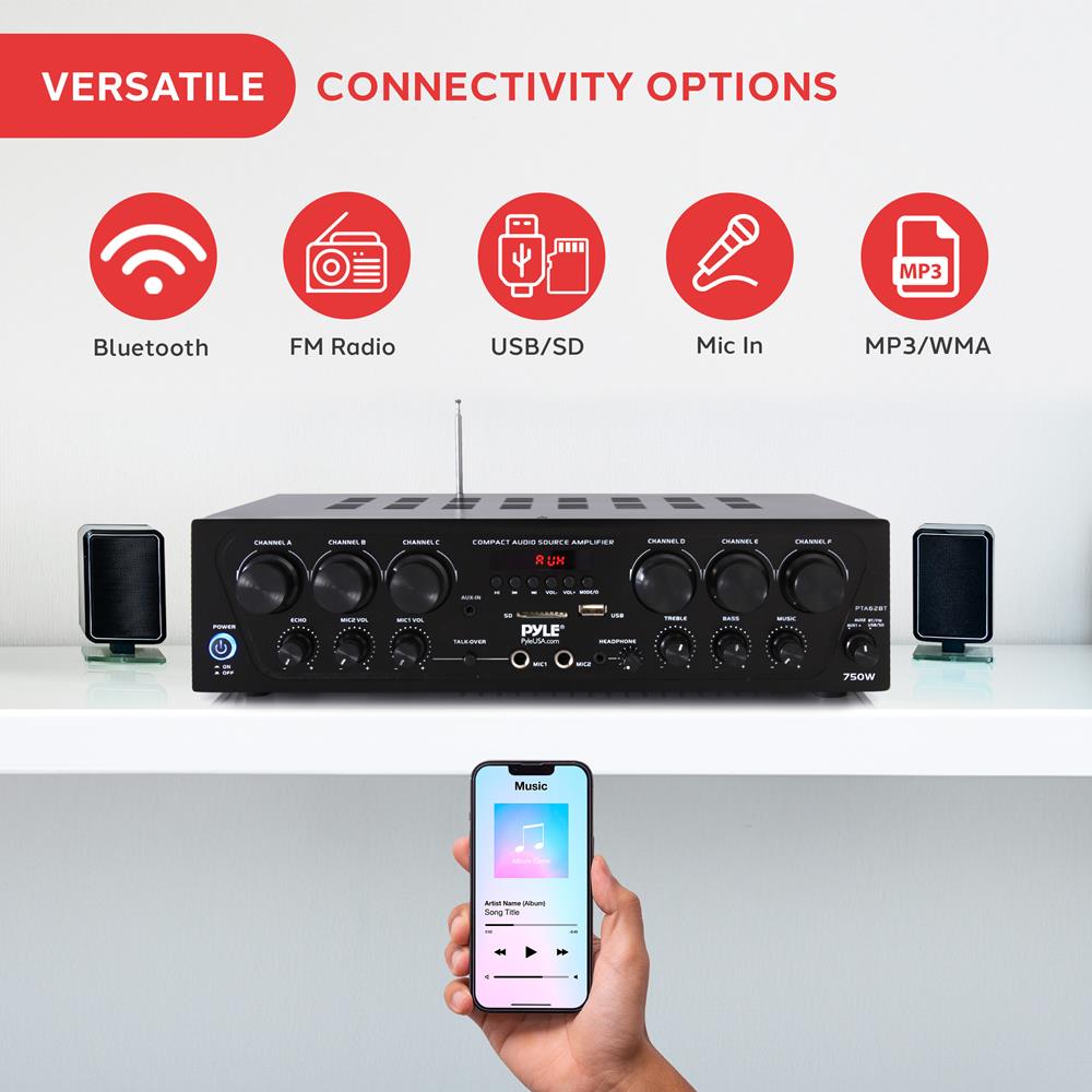 ALMOST GONE!!!!! 6-Channel Bluetooth Stereo Amplifier System with 750W Max Power Output, FM Radio with Digital LCD Display, Dual Microphone Inputs with Echo Control, USB/SD Readers, Subwoofer Output, AUX and RCA Inputs, Headphone Jack, Remote Control, Sho
