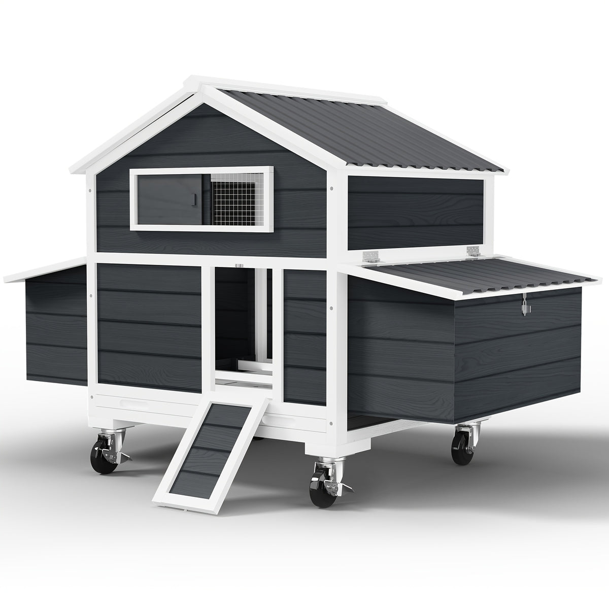 Large Chicken Coop with Wheels, Waterproof Outdoor Hen House for 6-8 Chickens, Movable Chicken House with Two Nesting Boxes, Removable Tray, PVC Cover, Wooden Duck Coop Rabbit Hutch