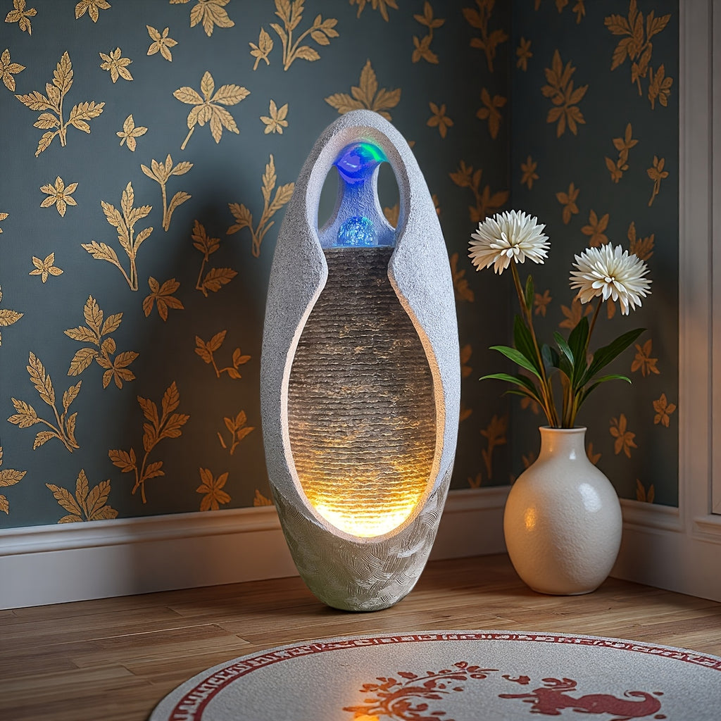 An Indoor Floor Fountain, Standing 27.55 Inches Tall. It's A Home Decor Item, A Large Cobblestone Floor Fountain Ornament, Complete with A Glass Ball And Lighting Features.
