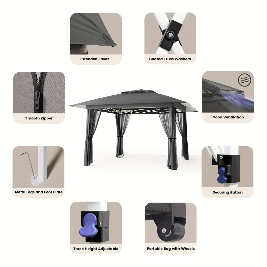 13 x 13 Ft Pop-Up Gazebo Tent with Mosquito Netting and Portable Roller Bag for Backyard or Garden Use