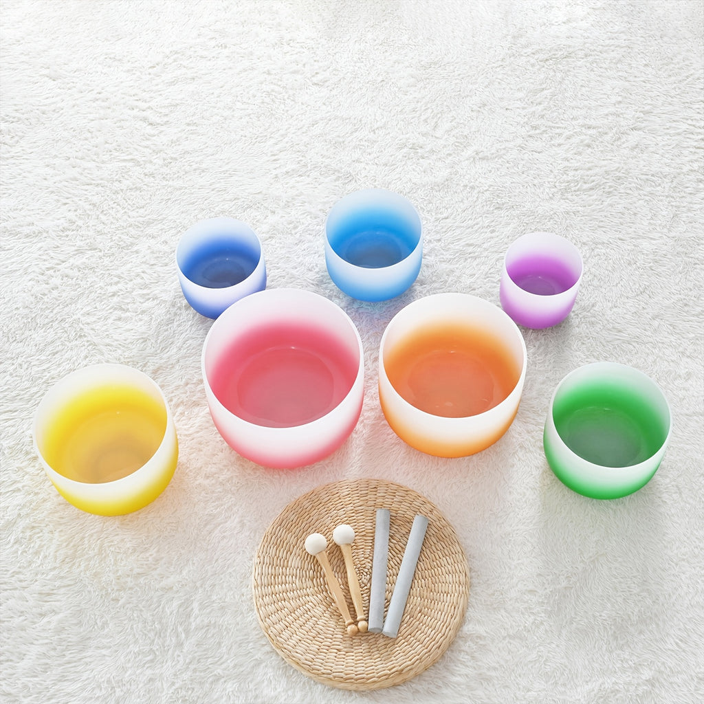 432Hz 7pcs Set Of 6-12 Inch Aria Gradient Design Frosted Quartz Crystal Singing Bowls with Free 2pcs Travel Carry Case Bag.