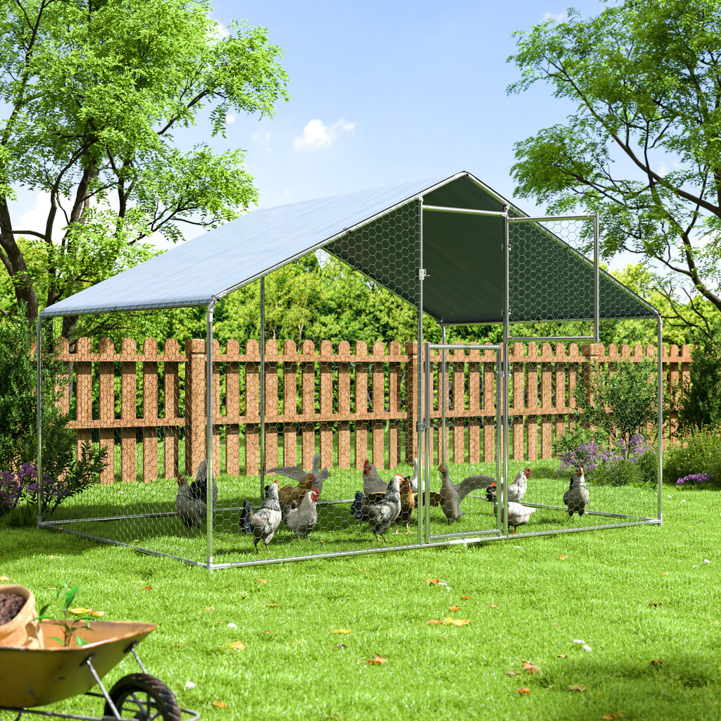 Walk-In Chicken Run with Feeding Port and UV-Resistant Cover, Galvanized Outdoor Poultry Enclosure