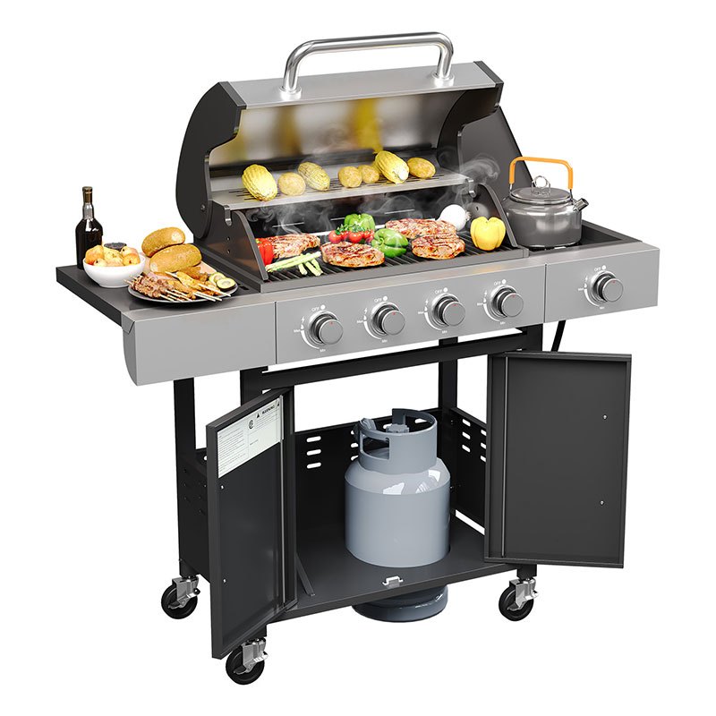 Upgraded 44000-49000 BTU 4-1 Burner Propane Gas Grill with Side Burner, Top thermometer, Outdoor BBQ Grill with Cast Iron Grates & Side Tables, 625 sq.in. Large Grilling Space for Summer Parties, Ideal for Backyard Patio & Camping, Black