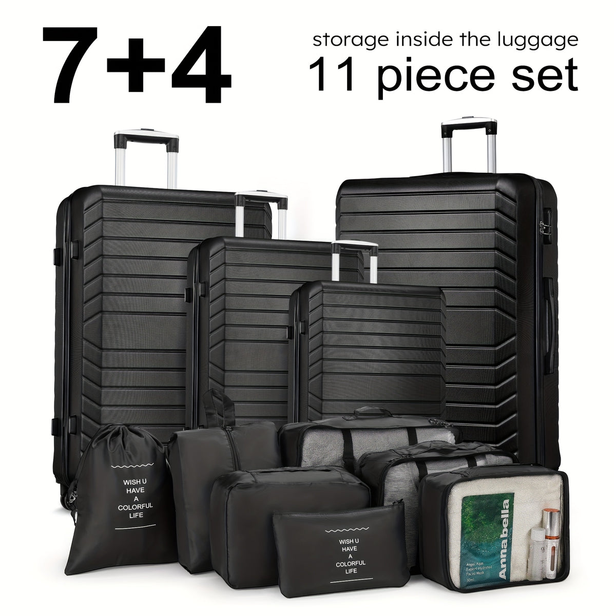 11pcs Luggage Set (4suitcases+7storage Bags) Large Capacity Luggage with Telescopic Handle Thick ABS Durable Hardshell with Dual 360°Swivel Wheels (20+24+28+32) Inch Suitcases