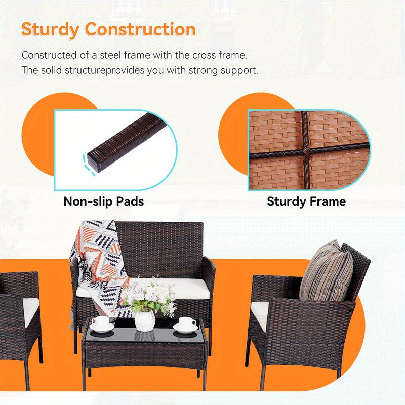 PUPATIOB 4pcs Wicker Patio Conversation Set, Outdoor Rattan Sofas with Table Set, Patio Furniture Set with Soft Cushions & Tempered Glass Coffee Table for Poolside Balcony