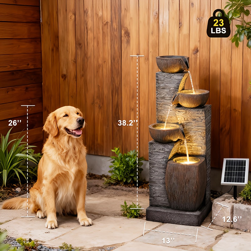Solar Outdoor Water Fountain, 38.2-Inch 4-Tier Cascading Bowls and Stacked Stones with LED Lights