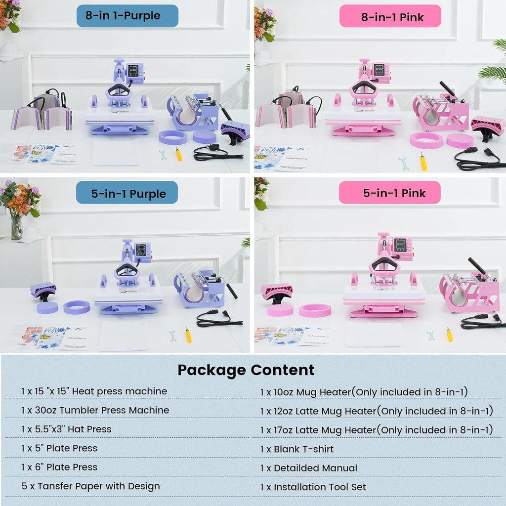 HOMDOX 15"x15" 8-in-1/5-in-1 Heat Press with 30OZ Tumbler Press for T-Shirt/Tumbler/Mug/Hat/Cap/Plate - Slide Out 360° Swing Away Digital Shirt Press Machine, Industrial-Quality Heat Transfer Sublimation