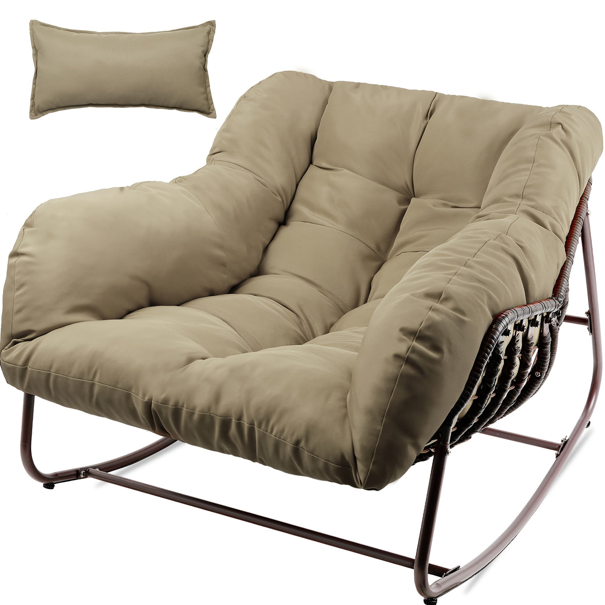 Papasan Rocking Chair Outdoor, All Weather Wicker Papasan Patio Chair with Cushion And Pillow, Heavy Duty Metal Oversized Papasan Rocker Egg Chair for Garden, Patio