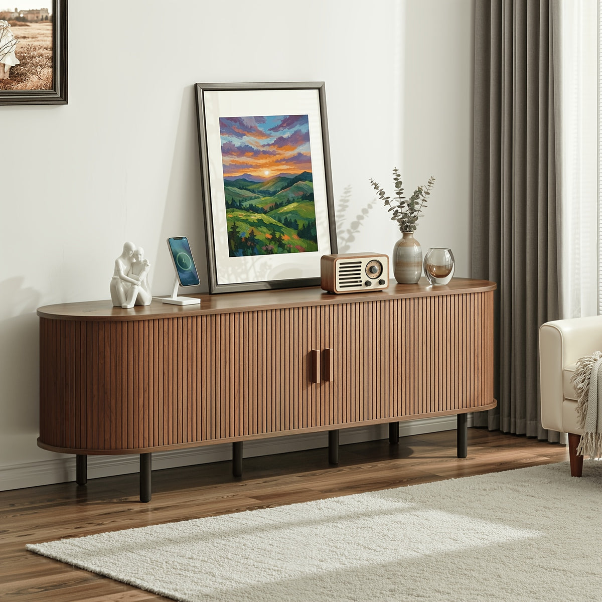 PAZCASA 70.8 Inch/55 Inch TV Stand with Power Outlet for Tvs Up to 75 Inches, Entertainment Center with Storage And Adjustable Shelves, Modern Media Console with Sliding Doors for Living Room, Walnut/Black/Oak