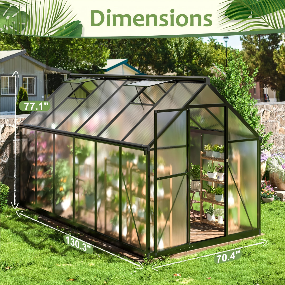 [Large Walk-in Greenhouse] VIWAT Greenhouse for Outdoors, Polycarbonate Greenhouse With Quick Setup Structure and Roof Vent, Aluminum Large Walk-in Greenhouse for Outside Garden Backyard, Garden Houses