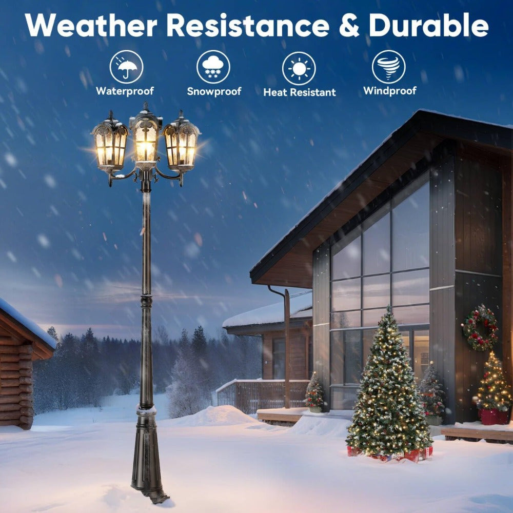 Outdoor Pathway Post Light, 3-Head Dusk-to-Dawn Fixture for Backyard and Garden Lighting Areas