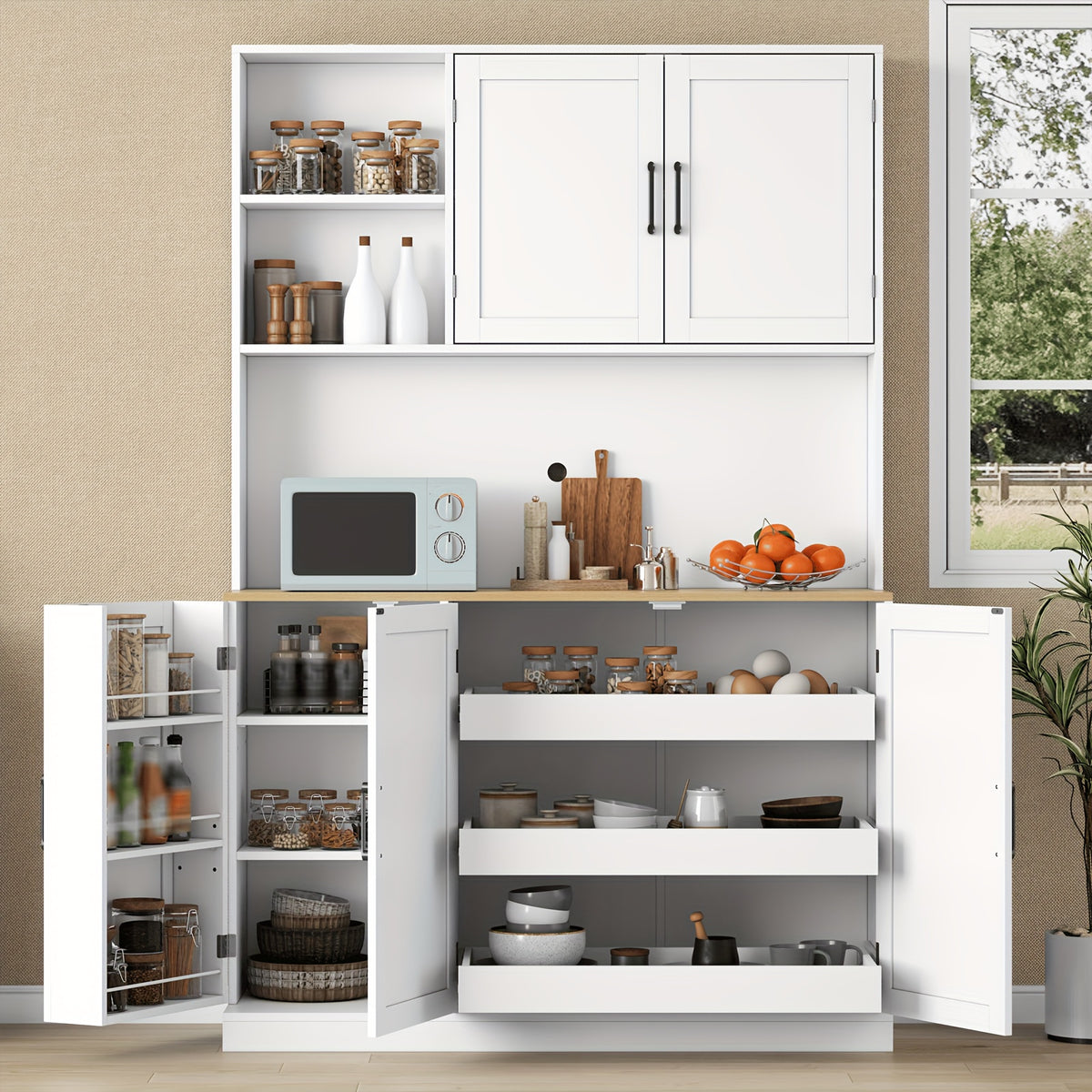 71-Inch Tall Kitchen Pantry Cabinet Featuring Three Pull-Out Drawers, Spacious Storage with Hutch And Door Shelves, And a Pantry Organizer That Includes a Microwave And Coffee Stand for The Dining Area, in White