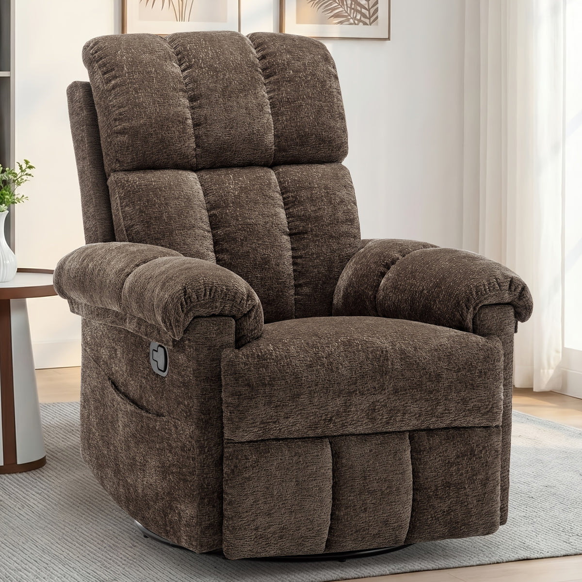 Living Room Single Chair, 360° Swivel Rocking Chair, Manual Rocking Chair for Small Spaces, Rocking Chair with Side Pockets And Armrest Storage, Deep Seat Cushion And Plush Backrest, Chenille Fabric, a Recliner Suitable for The Living Room