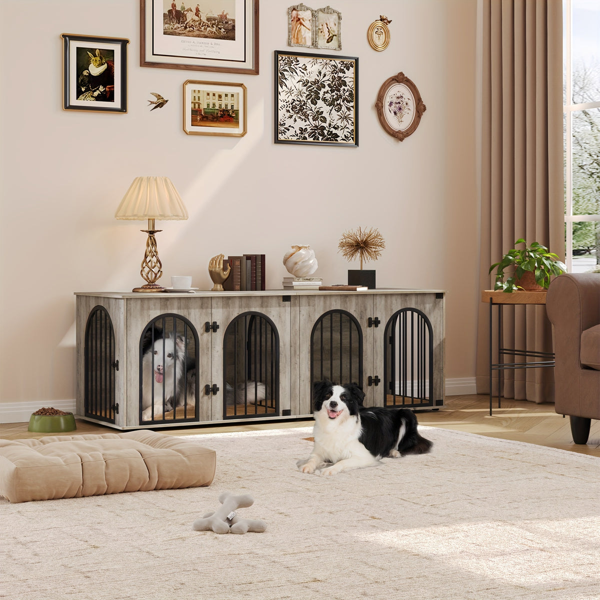 71" Heavy Duty Dog Kennels | Wooden Dog Crate Furniture for 2 Dogs, Small/Medium/Large, with Divider, Pads, Side Table, TV Cabinet, Anti-Chew, Anti-Escape, Black Golden/Greige/White/White Brown - HZUANERI