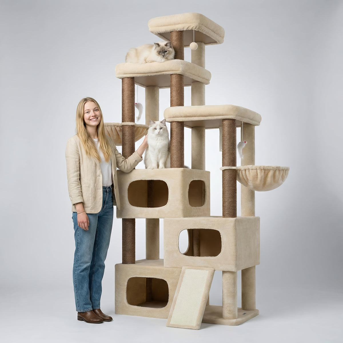 A Robust 85-Inch Cat Tree Designed for Larger Felines, Featuring a Spacious Condo, Sisal Scratching Post, Ramp, And Perch, Suitable for Cats Over 20 Lbs. Ideal for Homes with Multiple Cats, Including Maine Coons